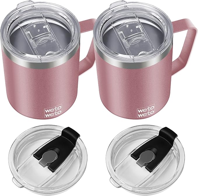 WETOWETO 14 oz Coffee Mug, Vacuum Insulated Camping Mug with Lid, Double Wall Stainless Steel Travel Tumbler Cup, Coffee Mugs Outdoor, Powder Coated Rose Gold Set of 2 by Wetoweto