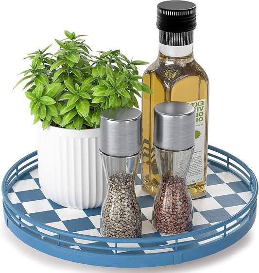 Blue and White Checkerboard Lazy Susan with Rubberwood Base and Metal Rail | Smooth rotating oak tray with walnut finish for dining tables, kitchen counters, pantries and cabinet storage. by AMH