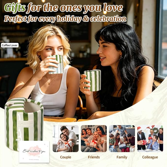 10 oz Ceramic Coffee Mug with Sip Hole & Silicone Sleeve, Green | Cute Hand-Painted Striped Porcelain, Gift for Coffee Lover, Cold & Hot Drinks, Microwave & Dishwasher Safe - Image 7