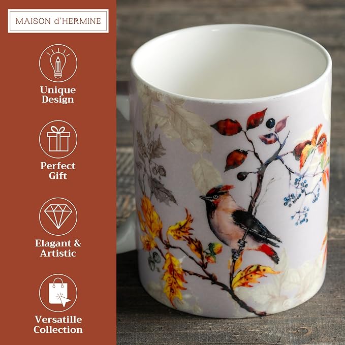 Maison d' Hermine Coffee Mug with Handles Tea Cups (15 Ounce, Pack of 1) | Fine Bone China Coffee Mugs for Hot Beverages Cappuccino Latte Home Restaurant Spring Summer -Equinoxe - Grey - Sparrows - Image 2