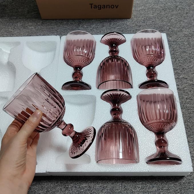 Taganov Purple Glasses Drinking set of 6 Colored Wine Water Stemware Pink Goblets Glassware 11 oz for Wedding Party Bar Vertical Embossed Pattern Stemmed Cups 330 ml - Image 4
