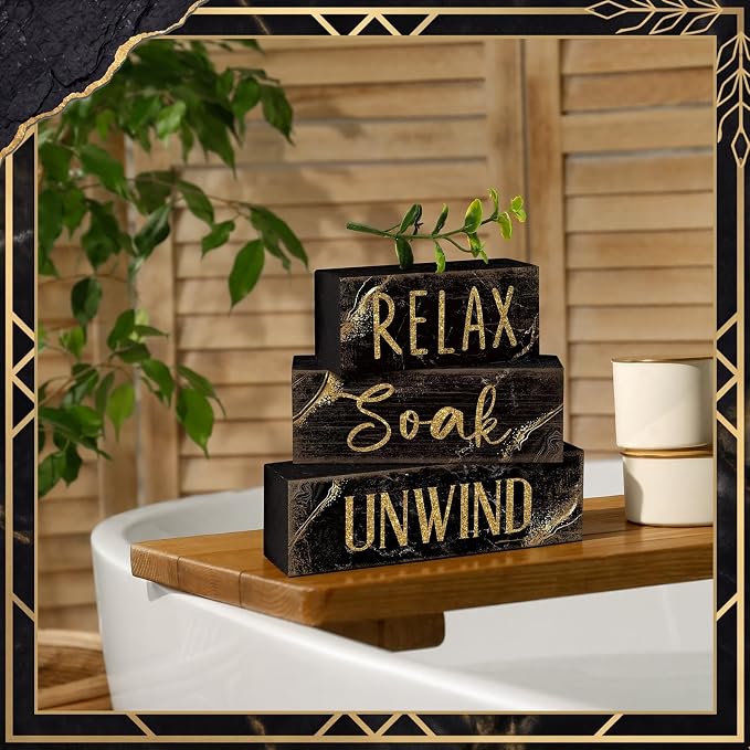 Moucuny 4 Pcs Black and Gold Bathroom Shelf Decor Sign Farmhouse Bathroom Decor and Accessories Rustic Eucalyptus Leaves Block Sign Gift Relax Soak Unwind Farmhouse Table Centerpiece for Home Toilet - Image 5
