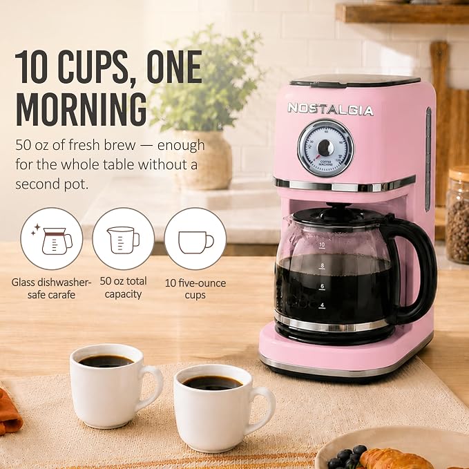 Nostalgia Classic Retro 10 Cup Coffee Maker - One-Touch Drip Brew, Reusable Filter - Anti-Drip, Auto Shutoff, & Time Display - Dishwasher Safe 50 oz Carafe - Pink - Image 3
