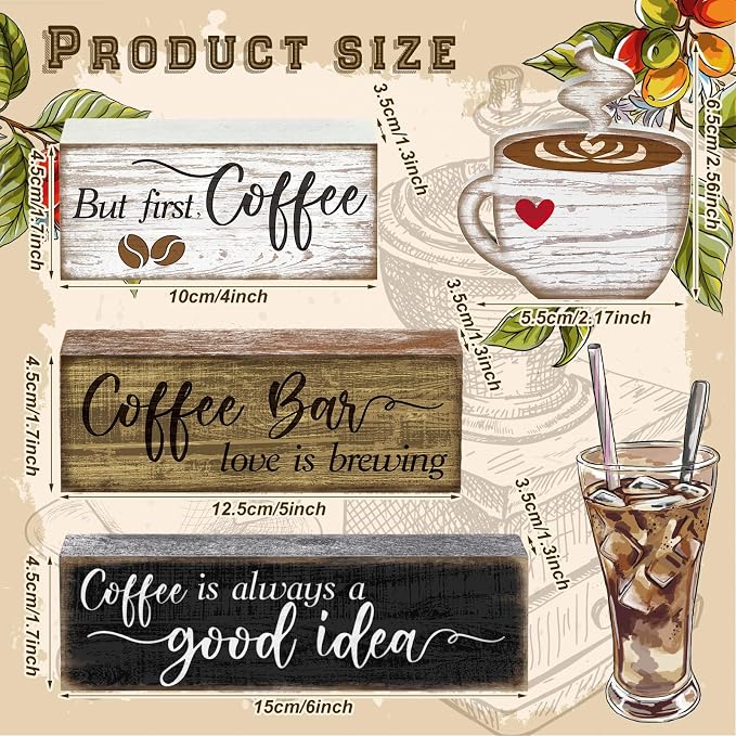 Moucuny 4 Pcs Wooden Coffee Bar Tabletop Decor Coffee Tiered Tray Decor Rustic Wood Bar Sign Gift Farmhouse Table Centerpiece Farmhouse Decorations for Home Kitchen - Image 3