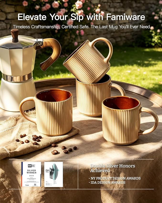 famiware Coffee Mug Set for 4, Star 12 oz Catering Mugs Cup Set with Handle for Coffee, Tea, Cocoa, Milk - Ceramic Stoneware Drinkware Set, Cream Cocoa - Image 5