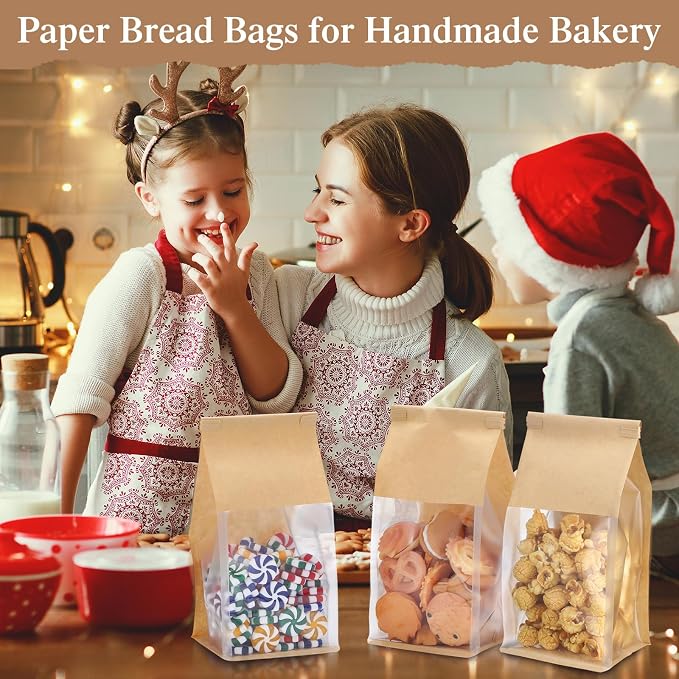 Fullhawl 250 Pcs Bakery Bags with Window, Kraft Paper Cookie Bags with Tin Tie for Sourdough, Pastry, Homemade Baked Goods, Storage Packaging (9.5 x 3.9 x 3.5 Inch) - Image 5