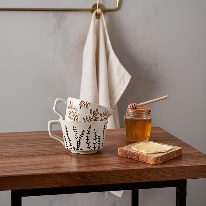 4 Pack 12oz Speckled Stoneware Coffee Mugs, Vintage Black Seaweed Botanical Ceramic Tea Cups, Rustic Hand Drawn Floral Drinking Mugs, Microwave Dishwasher Safe, Gift Set for Coffee Lovers - Image 4