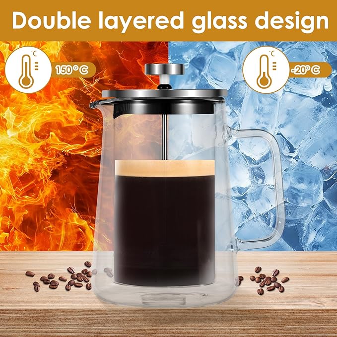 350/650/1000ml French Press Coffee Maker, Double Wall Glass French Press, Clear French Press Tea Maker, Multifunctional Coffee Press Coffee Maker for Home Office (650ML)