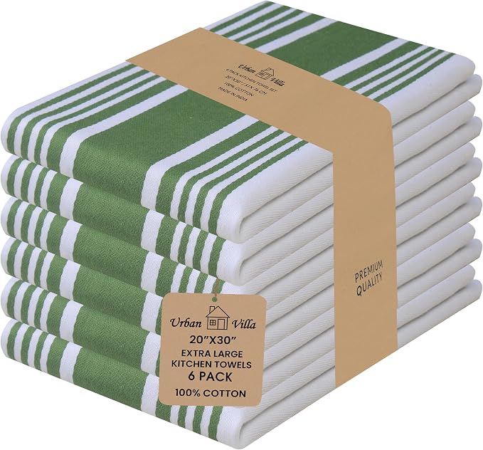 Urban Villa Kitchen Towels Cotton Dish Towels 20”x30” (Set of 6) Green Wht by CottonTrends