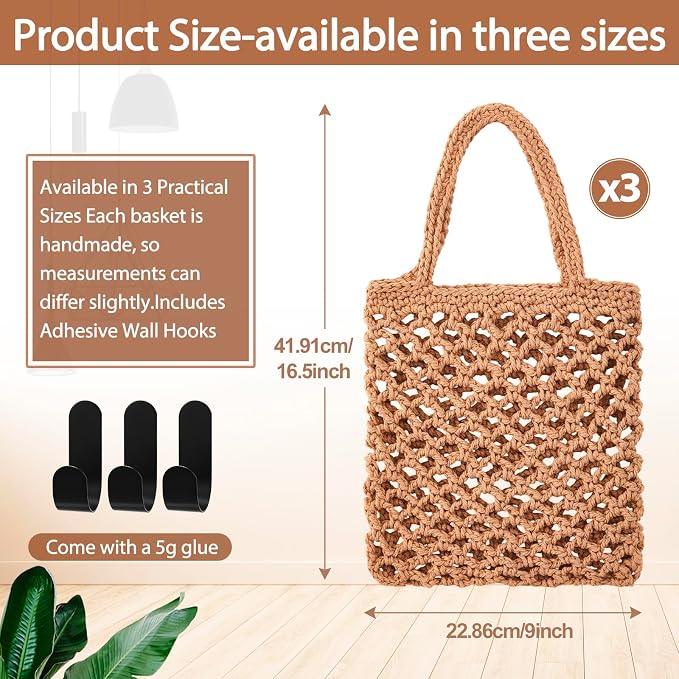 Honeydak Boho Decor Hanging Wall Baskets for Kitchen 3 Pack Teardrop Baskets with Hooks Storage Fruit Onion Vegetable Potato for Home(Dark Brown,Mesh,Cotton Rope) - Image 2