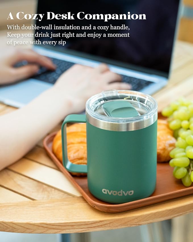 12oz Insulated Coffee Mug with Lid – Includes Two Lids, Stainless Steel Coffee Travel Mug with Handle, Double Wall Vacuum Insulated Camping Mug for Home, Office & Outdoor, Sage Green - Image 5