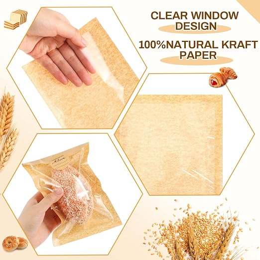 Outus 100 Pcs Cookie Packaging Bags with Seal, 5.1 x 7.5 Inch Bakery Pastry Bags with Window, Heat Sealable Grease Resistant Paper to Go Bake Sleeves for Gift Giving Donut Bread Sandwich (Brown) - Image 3