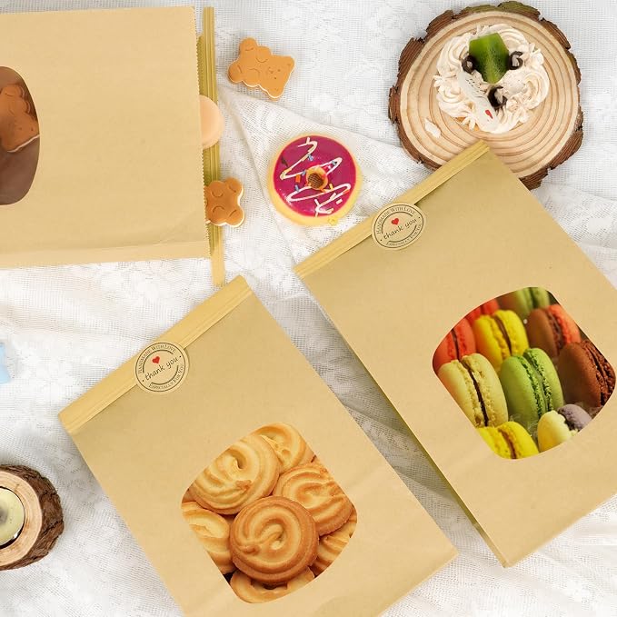 9.6x6.1x2.7” Bakery Bags with Window 30 Pieces Brown Bakery Bags Kraft Paper Bags Tin Tie Tab Lock Bags for Cookies with Free Stickers - Image 6