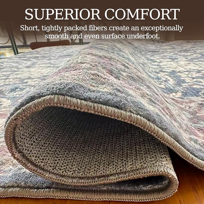 5x7 Area Rug, Machine Washable Living Room Rug - Non-Slip Low Pile Accent Rug for Bedroom, Pet Friendly, Modern Vintage Geometric Design - Image 5
