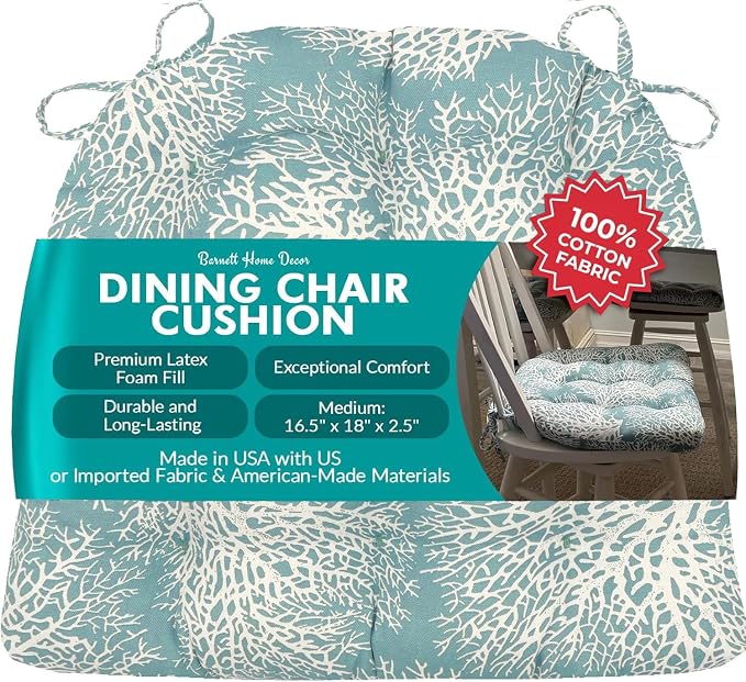 Barnett Home Decor Ariel Fan Coral Dining Chair Pad with Ties - Latex Foam Fill - 100% Cotton, Made in USA - Machine Washable, Reversible (Aqua) by BarnettHomeDecor
