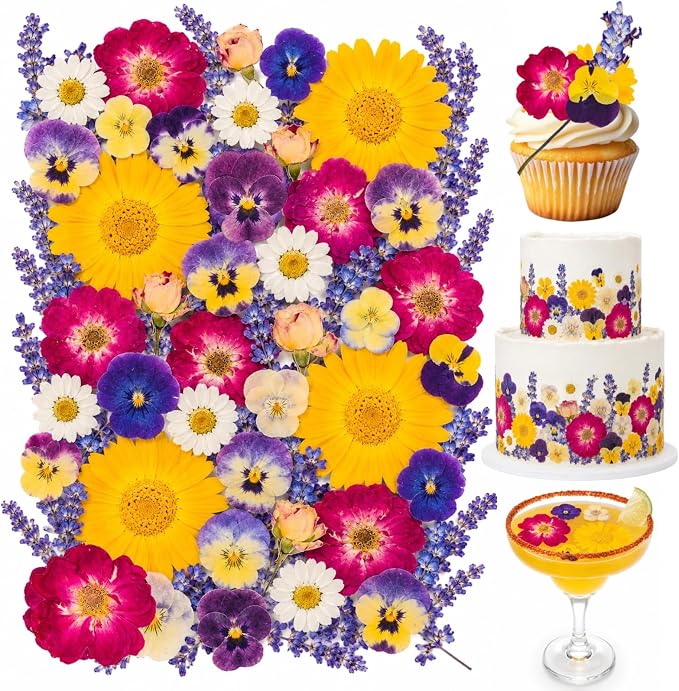 70-Piece Edible Pressed Flowers, 11-Kind Cake Topper and Cocktail Mix | Food-grade Flowers, viola, rose, lavender, calendula and daisy for cocktails, desserts, garnishes and crafts. by Unknown