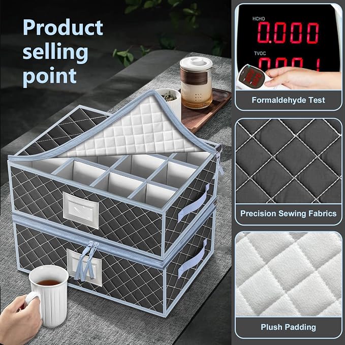 China Dinnerware Storage Containers Set- Dish,Mug,Stemware Storage Cases - Quilted Box Bins Stackable with Divider,handles,Clear Window for Cups,Plates,Wine Glasses Moving Set of 6 (Grey - Image 5