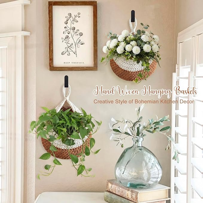 Honeydak Boho Decor Hanging Wall Baskets for Kitchen 3 Pack Teardrop Baskets with Hooks Storage Fruit Onion Vegetable Potato for Home 3 Sizes(White and Beige,Teardrop,Cotton Rope) - Image 5