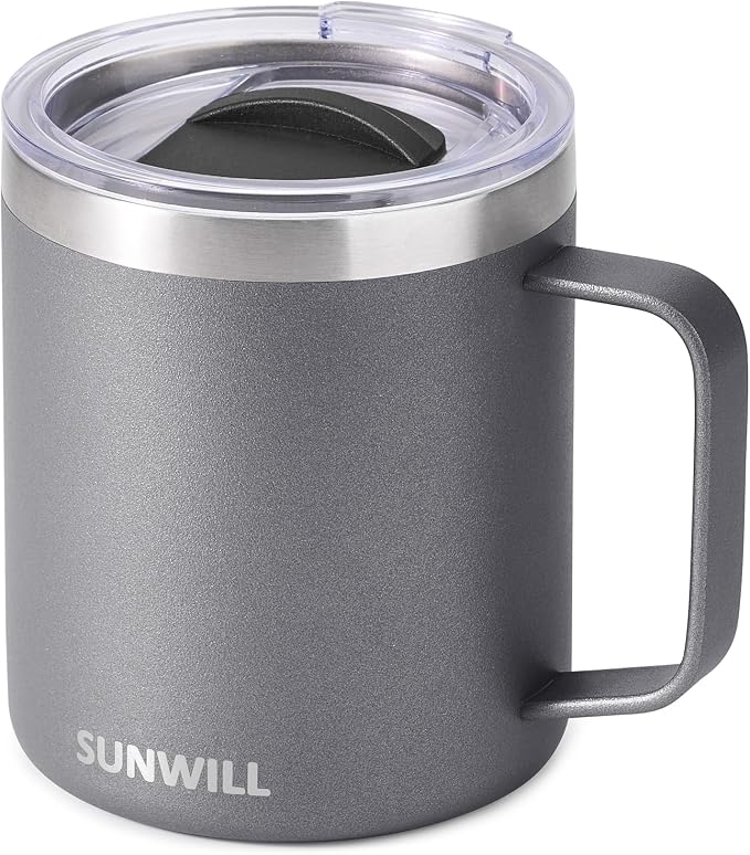 SUNWILL Travel Coffee Mug with Lid, Insulated Tumbler with Handle, 14 oz Stainless Steel Cup for Ice, Water, Tea, Cool Grey by SUNWILL