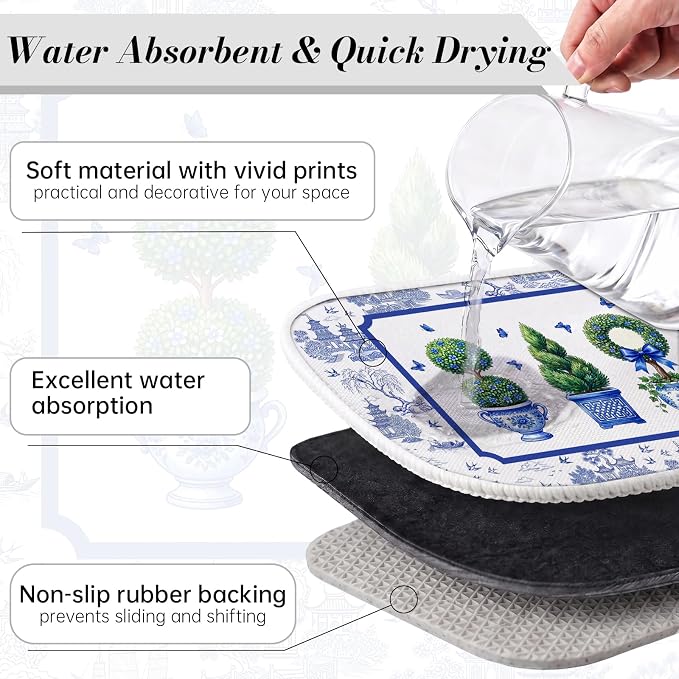 Chinese Blue White Dish Drying Mat for Kitchen Counter Coffee Bar 18x24 in | Chinese Aesthetic Non Slip Absorbent Kitchen Dishes Drainer Mat, with Anti-slip Rubber Backing & Hanging Loop, for Sink - Image 4