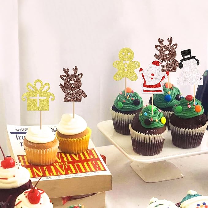 24 Pack Christmas Cupcake Toppers Gingerbread Man Santa Claus Snowman Cupcake Picks Christmas Eve Party Baby Shower Birthday Party Cake Decorations Supplies - Image 3