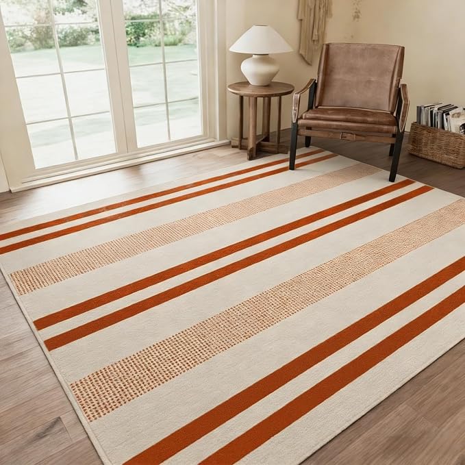 5x7 Area Rug, Machine Washable Living Room Rug - Non-Slip Low Pile Accent Rug for Bedroom, Pet Friendly, Modern Vintage Geometric Design - Image 3