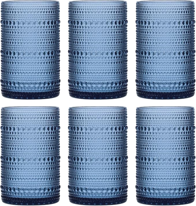 Moretoes 15oz Blue Vintage Hobnail Drinking Glasses Set of 6 | Highball Glass Cups, Kitchen Drinkware Glassware for Beer,Cocktail,Whiskey,Juice and Various Mixed Drinks by Moretoes