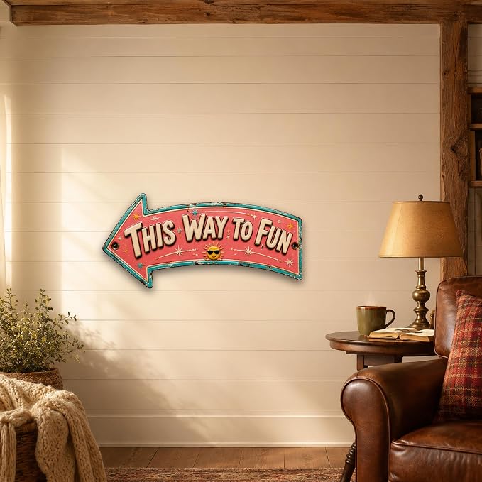 This Way to Fun Left-Pointing Arrow Sign | powder-coated metal, vintage, enamel, durable print, ready to hang - Image 5