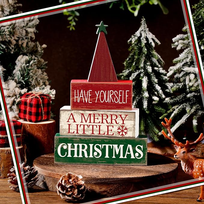 Moucuny 4 Pcs Christmas Decor Wooden Christmas Tree Winter Tiered Tray Decor Xmas Table Centerpiece Rustic Decorative Tree Block Signs Gift Farmhouse Winter Table Decoration for Home Kitchen - Image 2