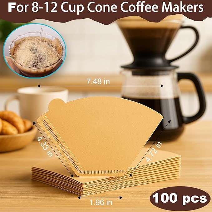 100 Count #4 Cone Coffee Filters Unbleached Natural Paper, 8-12 Cup Size 4 Coffee Filter, Durable, Eco-Friendly, Easy Fit, No Clogging, Smooth Flow, Compatible With Most Drip Machines