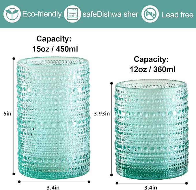 ZMOWIPDL Drinking Glasses Set of 12,Light Blue 12oz & 15oz Glass Cups | Vintage Hobnail Glassware，Embossed Water Tumbler,for Beer,Cocktail,Whiskey,Juice and Various Mixed Drinks - Image 2