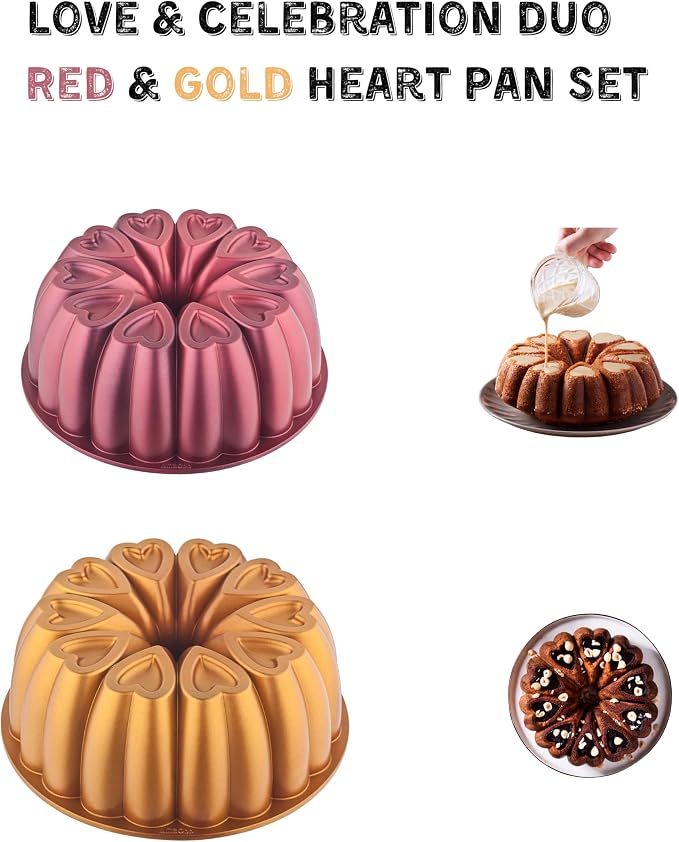 Heart Shape Aluminum Cake Pan, Titanium Coating, Non-Stick, 12 Cups, Gifts for Mom, 10 Inch Baking Mold, Cast Aluminum Fluted Tube Pan, Easy to Clean (2-Pack, Red-Gold) - Image 2