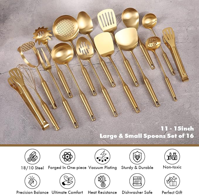 Gold Cooking Utensils Set - 16 PCS All Metal Small and Large Spoons Set | 18/10 Stainless Steel Kitchen Tools, 15″ Serving Utensil - Whisk, Masher, Fork, Tongs, Spatula, Turner, Ladle, Skimmer, Pasta - Image 3
