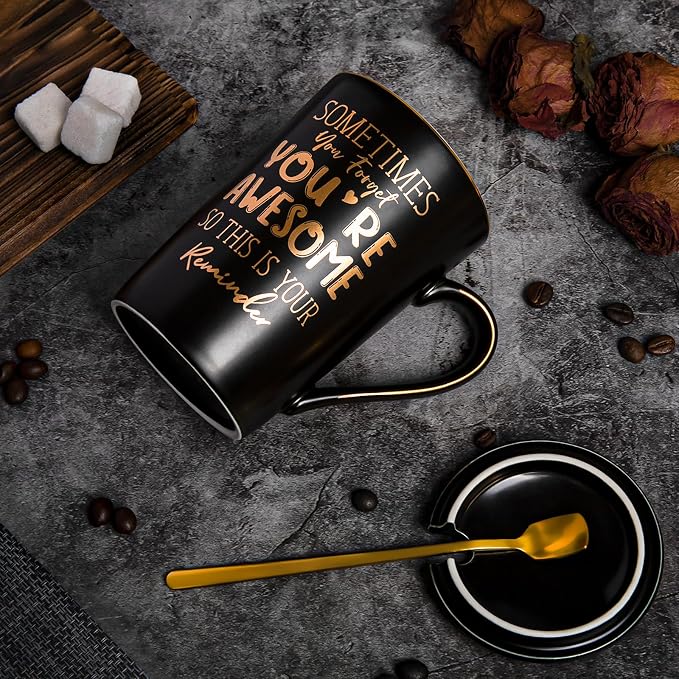 Anniversary Birthday Thank You Gifts for Men, 14oz Unique Black Ceramic Mug | Sometimes You Forget You're Awesome - Gold Print Inspirational Cup, Funny Valentines Day Presents for Boyfriend Husband Him - Image 4