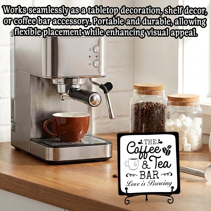 Coffee Bar Sign, Love is Brewing Farmhouse Tabletop Decor, Coffee and Tea Lover Gifts, 5x5 Wood Plaque with Iron Stand for Home Kitchen Cafe, Coffee Bar Decor – L06 - Image 4