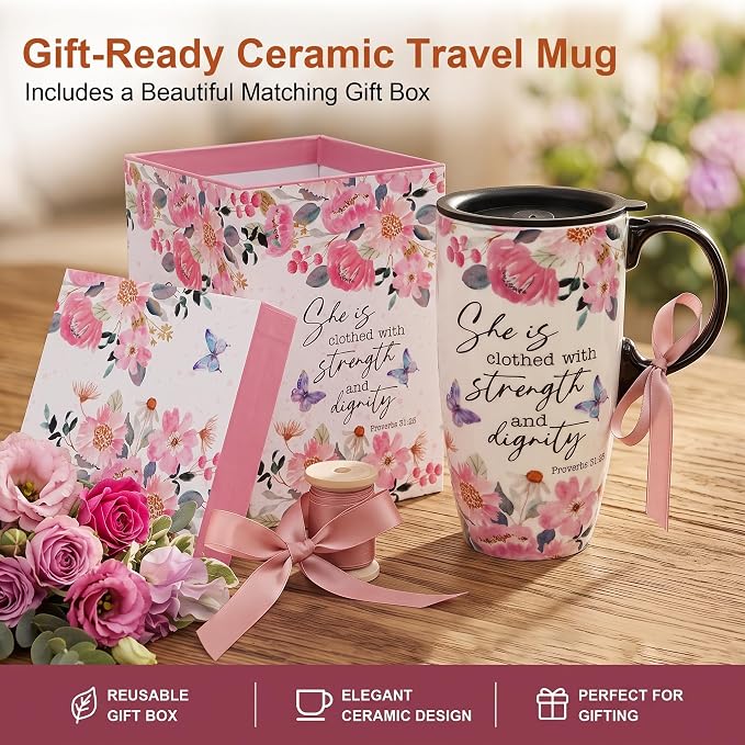 Topadorn Christian Mug Gift Set of 2, 17oz Ceramic Travel Mug | Proverbs 31:25 & Joshua 24:15 Bible Verse Coffee Cups, Gift Boxes Included - Image 3