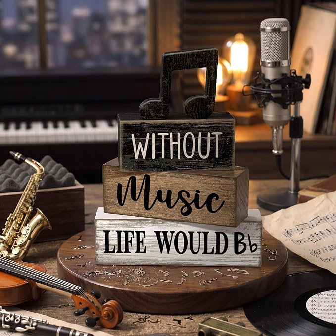 Moucuny 4 Pcs Music Notes Decor Wooden Centerpiece Musicical Party Decoration Musical Notes Theme Tiered Tray Table Signs, Farmhouse Wood Book Stack Decor Office Accessories for Music Home Room Gift - Image 2