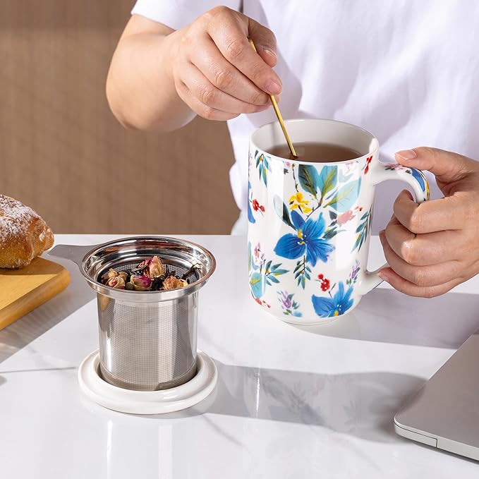 AmorArc Porcelain Tea Mug with Infuser and Lids, 18 Oz Coffee Cup Strainer with Bag Holder for Loose Leaf Tea, Steeping Coffee Mug for House-warming Wedding Birthday Gift