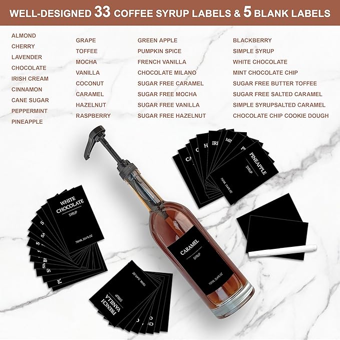 Coffee Syrup Dispenser, 25.4oz 750ml Glass Syrup Bottles, 4 Pack Syrup Dispenser for Coffee Bar With Large Leakproof Syrup Pump, 38 Labels, 120ml Espresso Cups