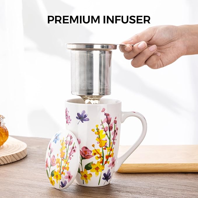 GBHOME Tea Mug with Infuser and Lid, 18 Ounce Large Ceramic Loose Leaf Cup, Microwave, Dishwasher Safe, Perfect for Tea Lovers