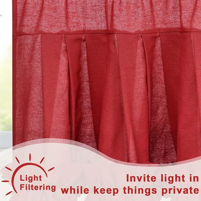 Likiyol Linen Valances for Windows Farmhouse Ruffle Swag Valance Rustic Country Window Valances Light Filtering Kitchen Curtains Rod Pocket Valance Curtains for Bathroom Cafe, Red, 60" W x 36" L - Image 4