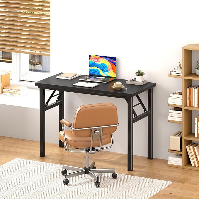 DlandHome 31.5 Inch Small Folding Computer Desk for Home Office, Black | Foldable Writing Table for Small Spaces Bedroom, No Assembly Required, Wood Top Metal Frame, Collapsible Compact Easy Storage - Image 2