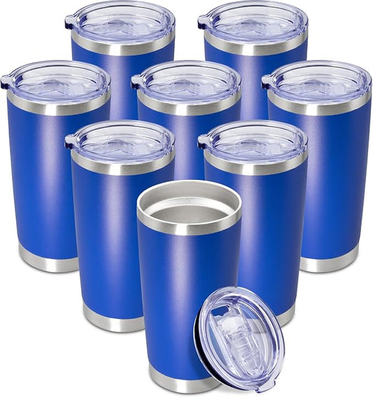 20oz Tumbler Insulated Coffee Tumblers with Lid Stainless Steel DarkBlue 8P | 20 oz Tumblers Double Wall Insulated Vacuum 20oz Coffee Mug Leak Proof Tumblers with Lid Powder Coated - Dark Blue 8 Pack by AEPDTD