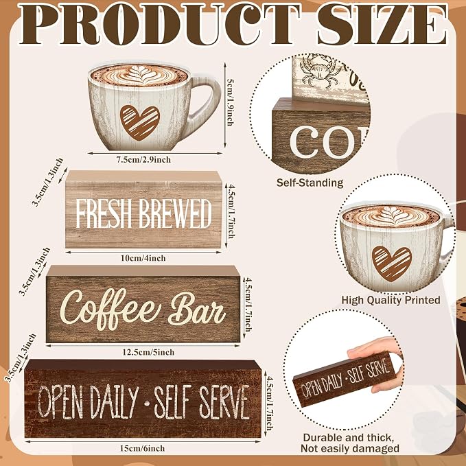 Moucuny 4 Pcs Farmhouse Coffee Bar Signs Decor Wooden Cup Rise & Shine It's Coffee Time Rustic Wood Cafe Sign Gift for Home Kitchen Tabletop Decor - Image 3