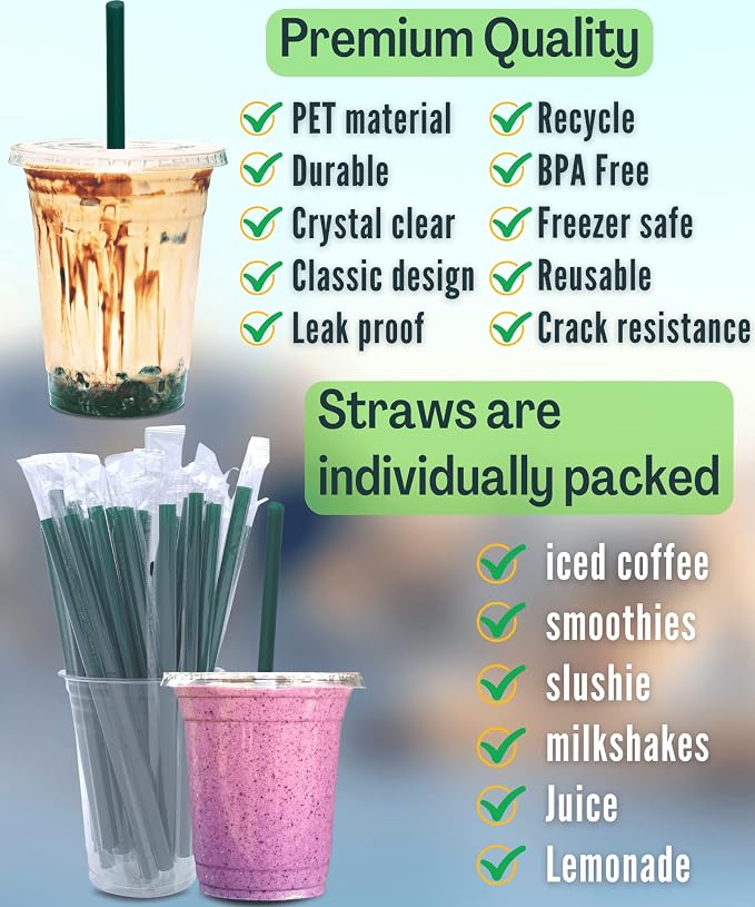 12 oz Clear Plastic Cups with Lids and STRAWS, Disposable Drinking Cups for Cold Drinks, Iced Coffee, Milkshakes, Smoothies, 25 Sets - Image 2