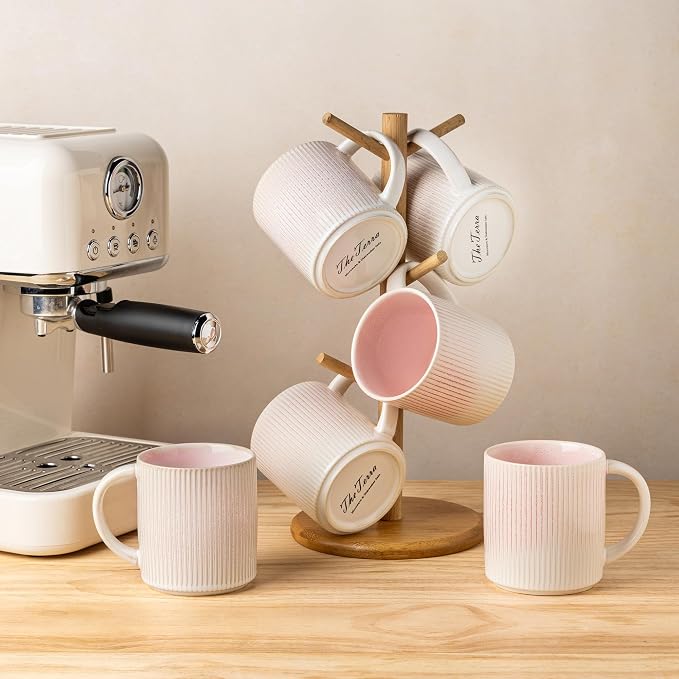 theterra Ceramic Coffee Mugs Set of 6, 14.2 oz Coffee Cups with Handle | Handmade, Suitable for Latte, Tea, Milk, Beer & Hot Cocoa, Primrose Pink - Image 7