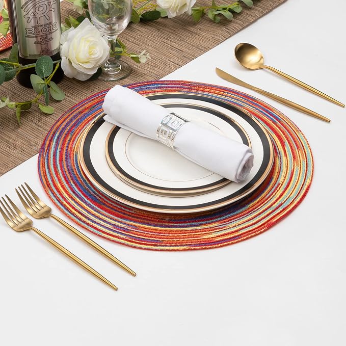 SHACOS Round Braided Placemats Set of 6 Table Mats Colorful Place Mats for Dining Tables Holiday Party Decor (Rainbow Red, 6) - Image 9
