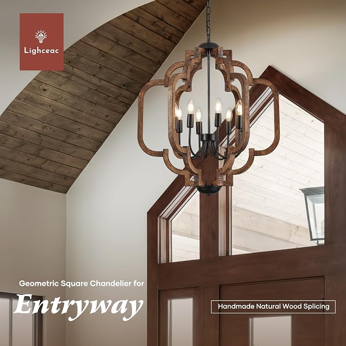 24.6" Farmhouse Vintage Chandelier 8-Light for Dining Room Rustic Handmade Wood Hanging Ceiling Pendant Light Fixture for Entryway Brown Retro Chandeliers for Kitchen Bedroom Foyer Hallway - Image 4