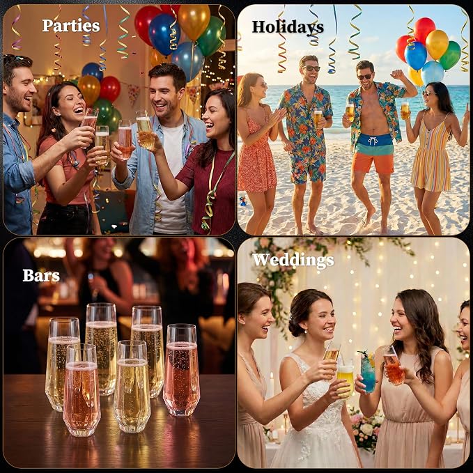 GuanQiao 12 Pack Stemless Plastic Champagne Flutes, 9oz Diamond Disposable Champagne Glasses, Heavy Duty Shatterproof Mimosa Glasses for Wine Tasting, Wedding, Bridal Shower, Party Supplies, Birthday - Image 7