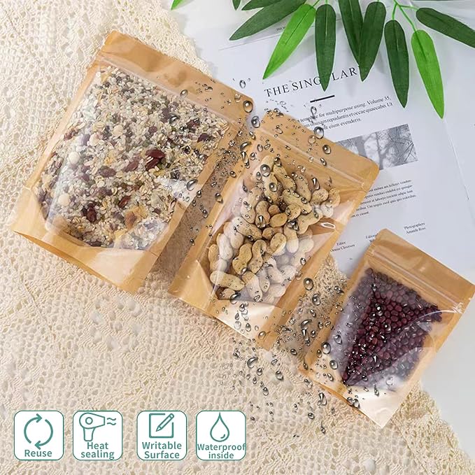 100 PCS 8x12" Kraft Paper Resealable Stand Up Bags with Window | Food storage pouches for small business, coffee, cookies, nuts, and dry goods. Airtight zipper seal, reusable, leak-proof. - Image 4